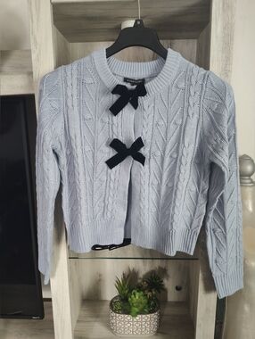 41 Hawthorn Pale Blue Cable Knit Cardigan  Baby Blue with Black Bows